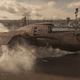 A screenshot from the Netflix's official Cowboy Bebop trailer, showing a ship called the Bebop landing on some very brown water.